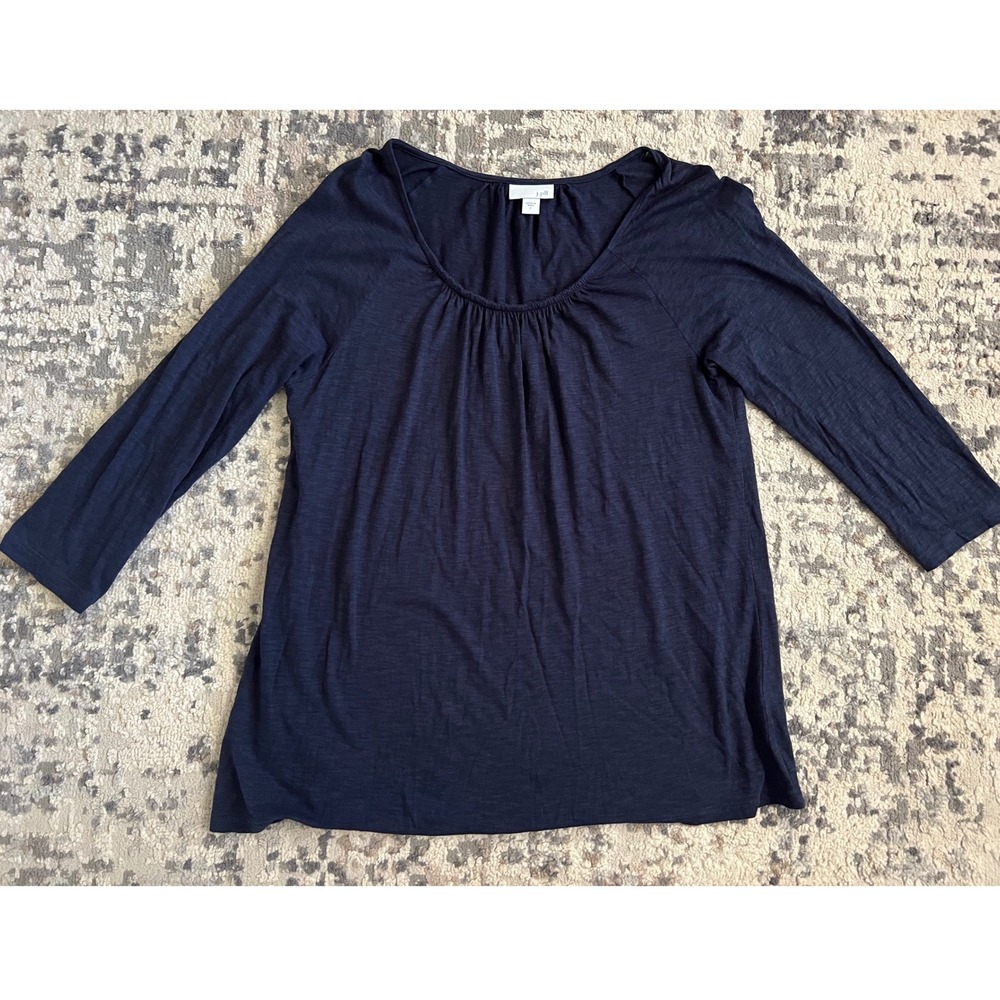 J.‎ Jill Navy Blue Cotton Modal Slub Knit Gathered Scoop Neck 3/4 Sleeve Top S